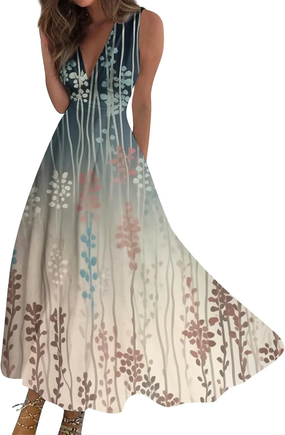 Dresses for Women 2025 Sleeveless Wrap V Neck Beach Dress Flowy Ruched Floral Print Sundress Trendy Maxi Dress