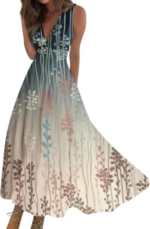 Dresses for Women 2025 Sleeveless Wrap V Neck Beach Dress Flowy Ruched Floral Print Sundress Trendy Maxi Dress