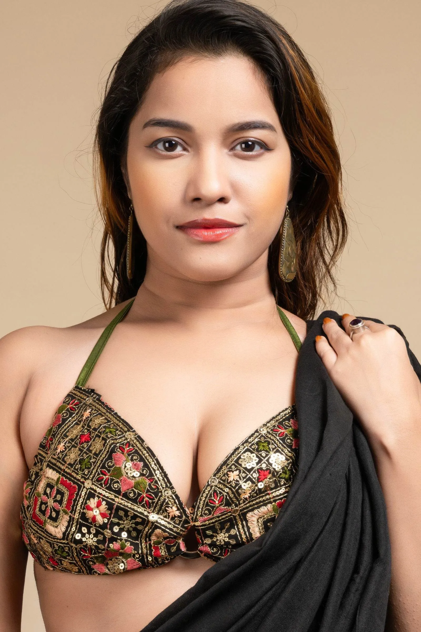 Embroidered Black Backless Halter Neck Non Padded Bikini Blouse For Women