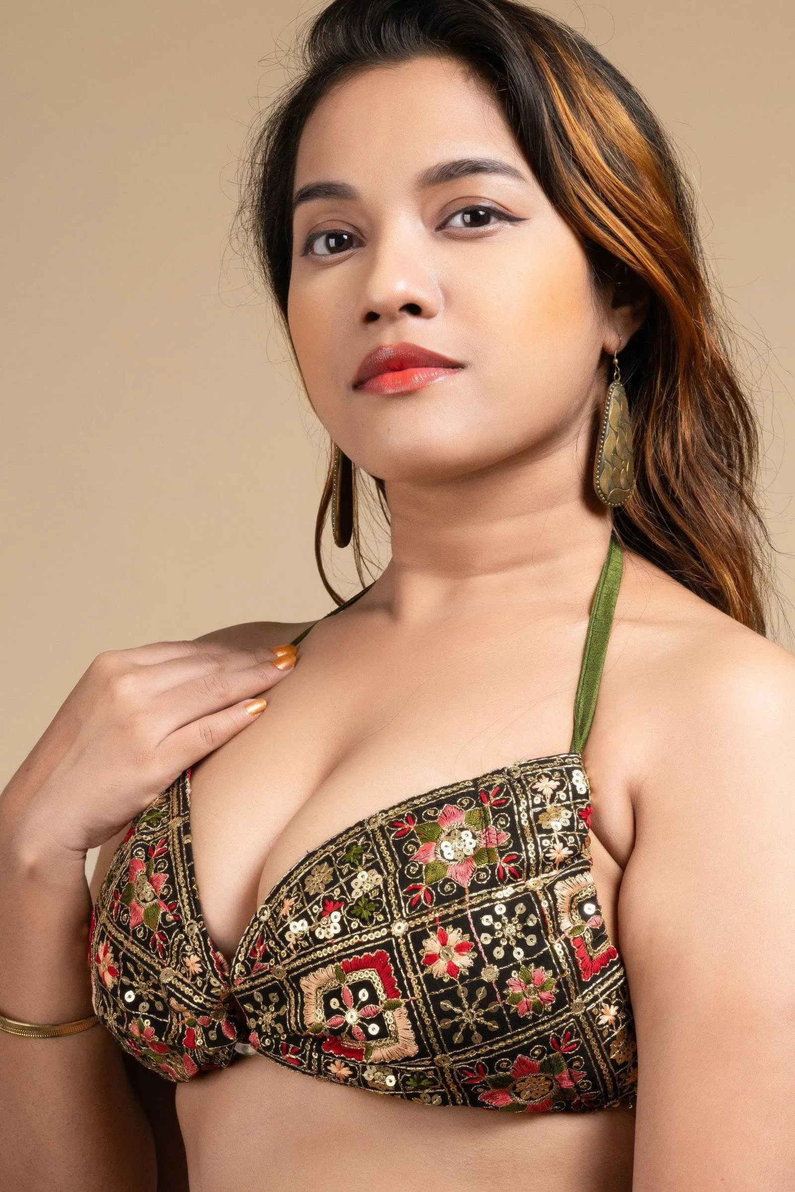 Embroidered Black Backless Halter Neck Non Padded Bikini Blouse For Women