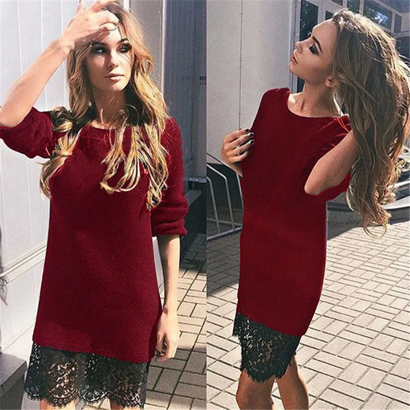 Fashion Lace Patchwork Long Sleeve Knee-length Dress