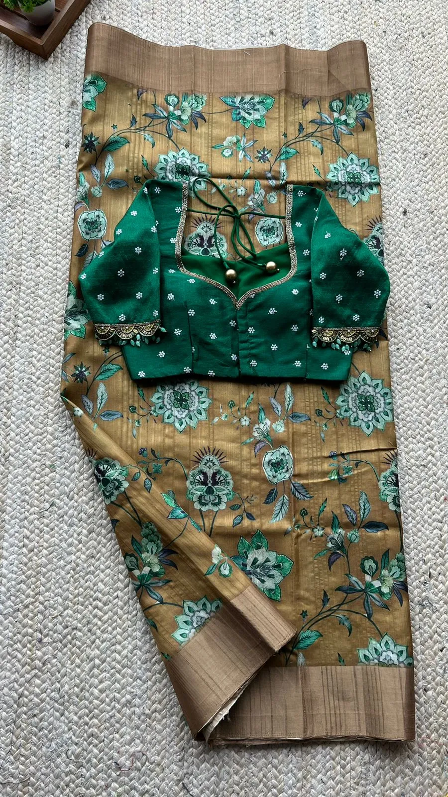Fenugreek floral tussar silk saree with hand work blouse