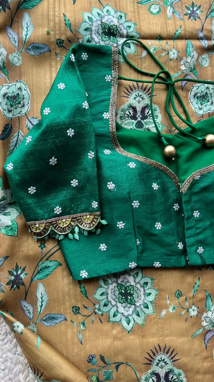 Fenugreek floral tussar silk saree with hand work blouse