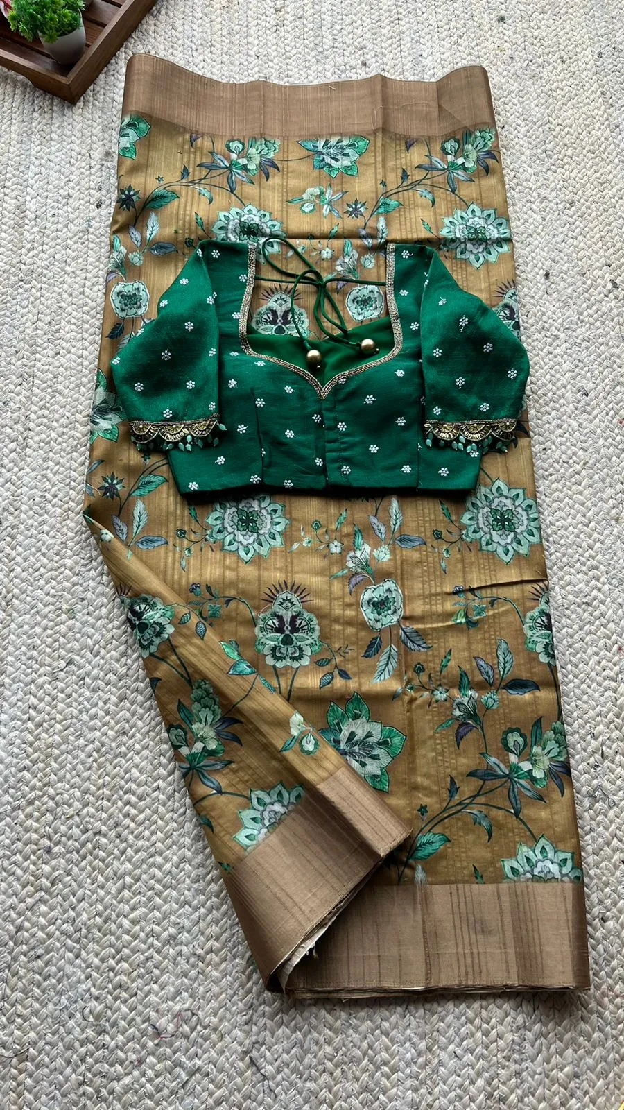 Fenugreek floral tussar silk saree with hand work blouse
