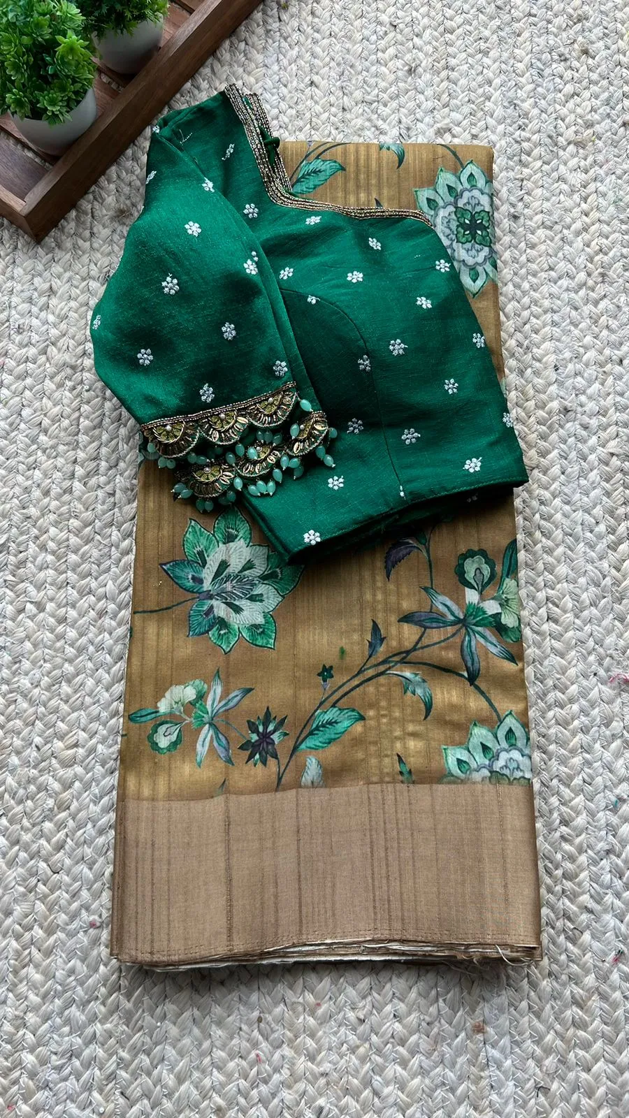 Fenugreek floral tussar silk saree with hand work blouse