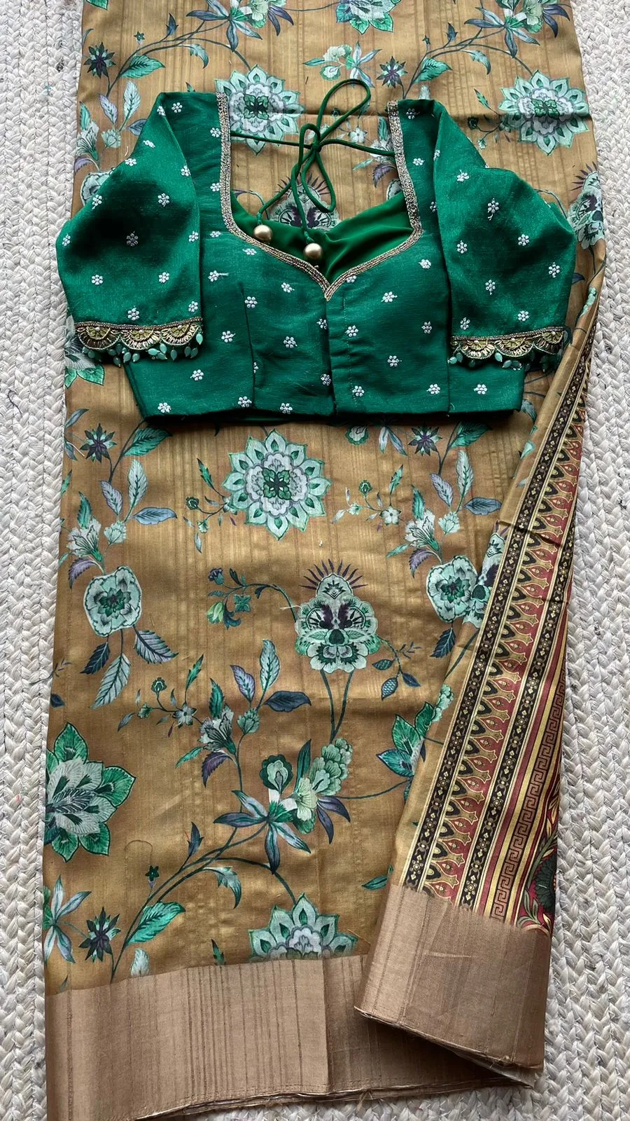 Fenugreek floral tussar silk saree with hand work blouse