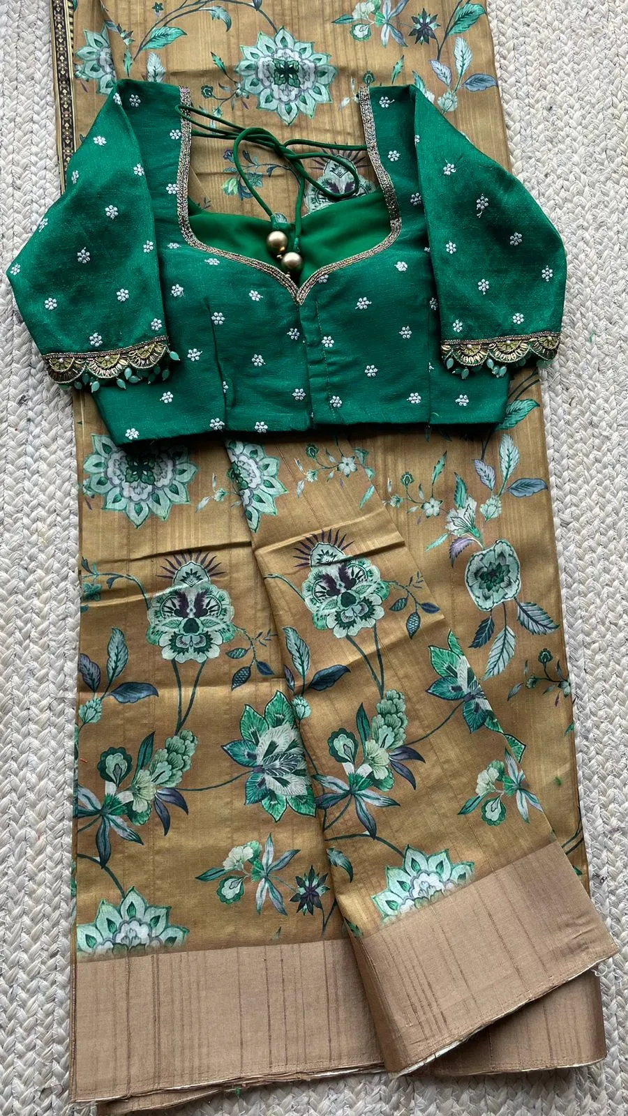 Fenugreek floral tussar silk saree with hand work blouse