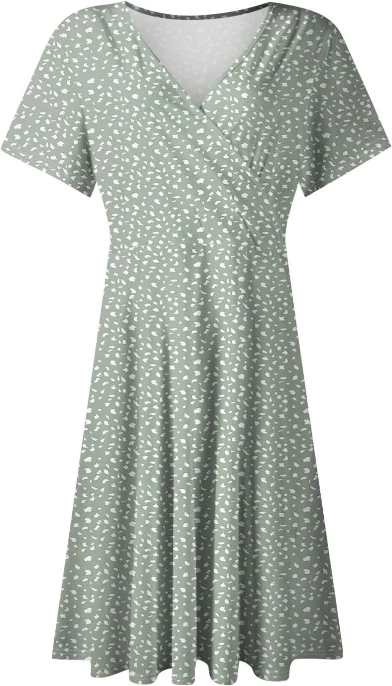 Floral Dress for Women Wrap V Neck Short Sleeve Midi Dress Casual Summer A Line Flowy Cotton Boho Beach Sun Dresses