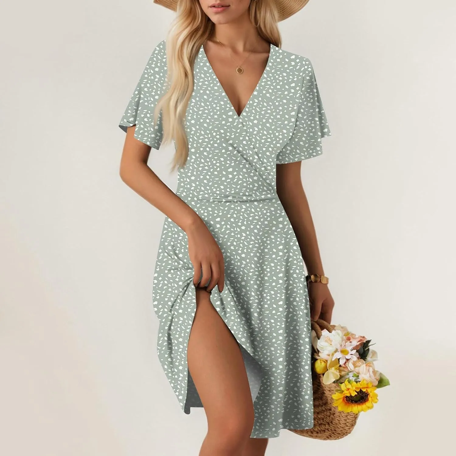 Floral Dress for Women Wrap V Neck Short Sleeve Midi Dress Casual Summer A Line Flowy Cotton Boho Beach Sun Dresses