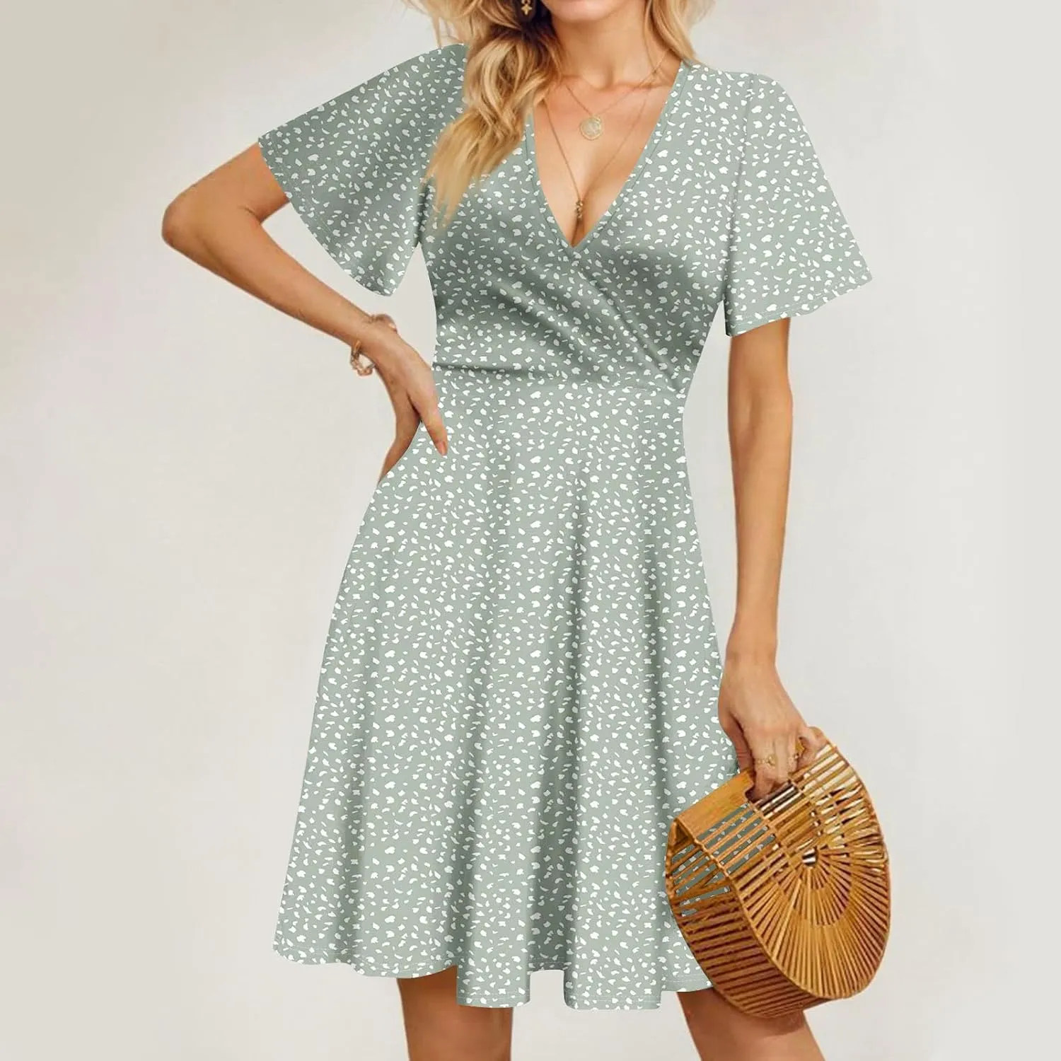 Floral Dress for Women Wrap V Neck Short Sleeve Midi Dress Casual Summer A Line Flowy Cotton Boho Beach Sun Dresses