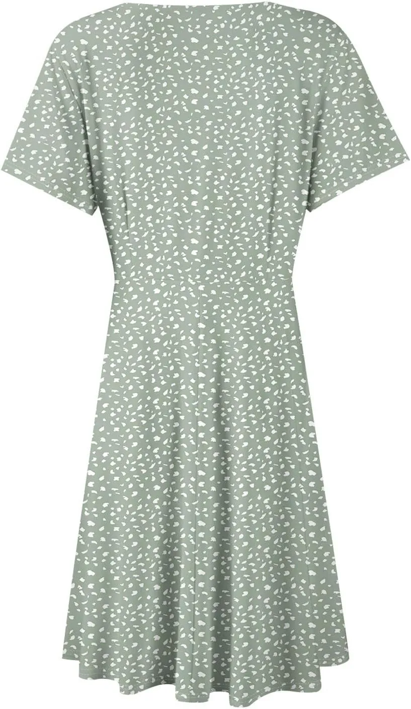 Floral Dress for Women Wrap V Neck Short Sleeve Midi Dress Casual Summer A Line Flowy Cotton Boho Beach Sun Dresses