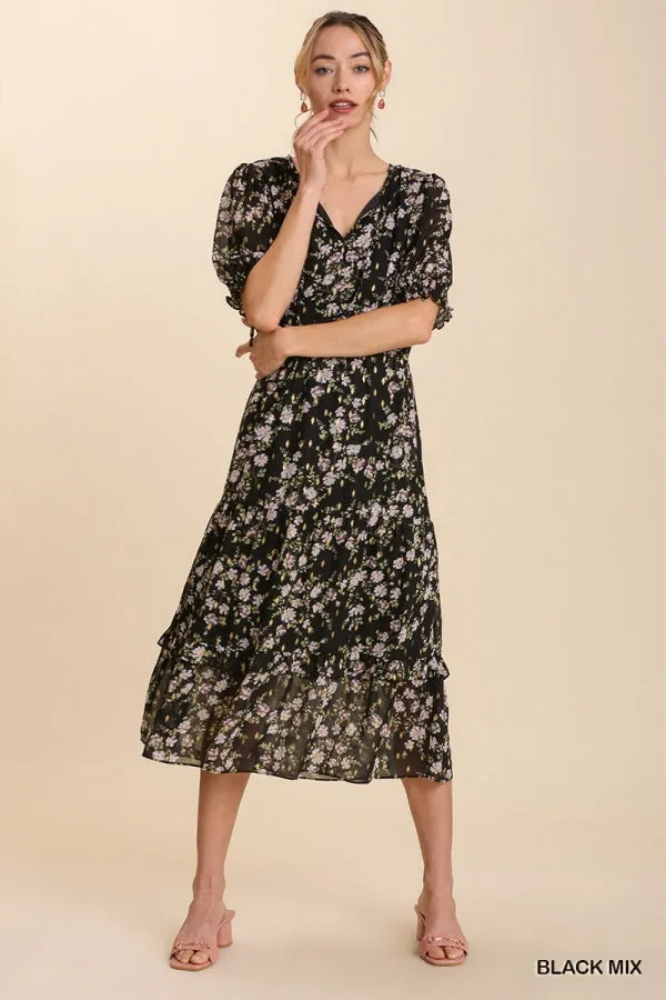 Floral Metallic Print Tie Front Maxi Tiered Hem Dress