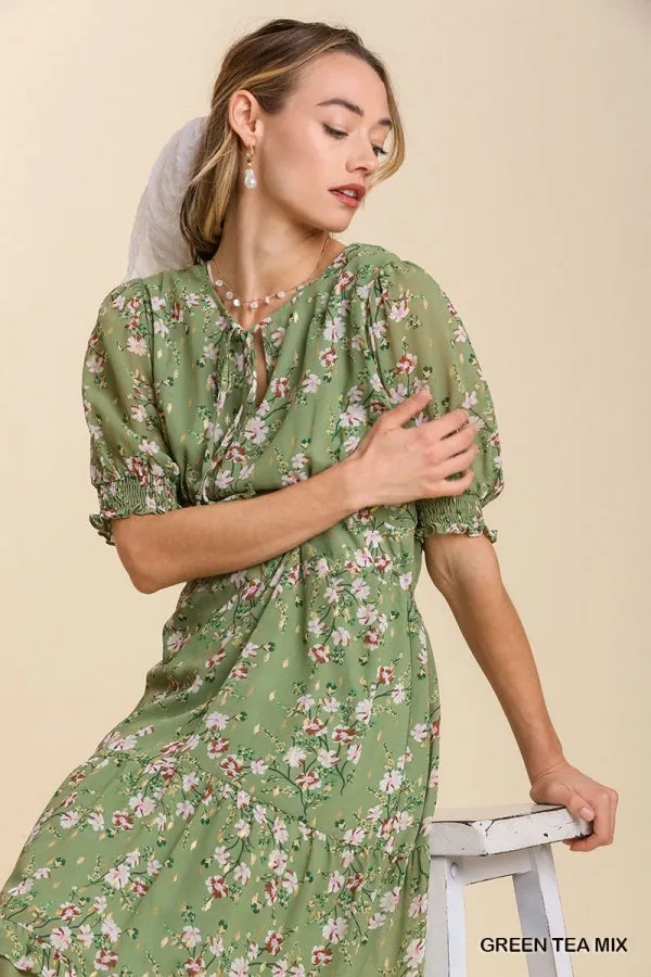 Floral Metallic Print Tie Front Maxi Tiered Hem Dress