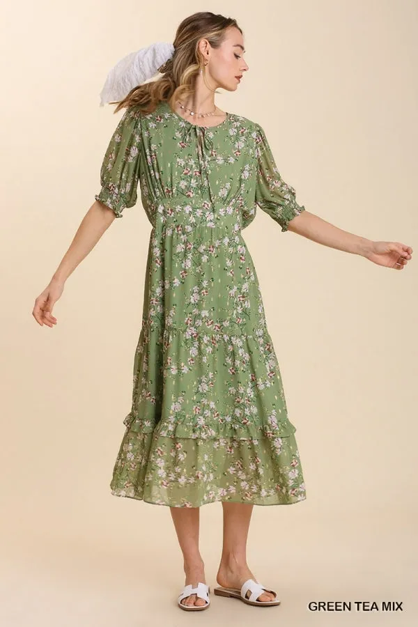 Floral Metallic Print Tie Front Maxi Tiered Hem Dress
