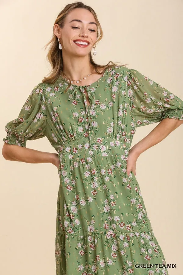 Floral Metallic Print Tie Front Maxi Tiered Hem Dress