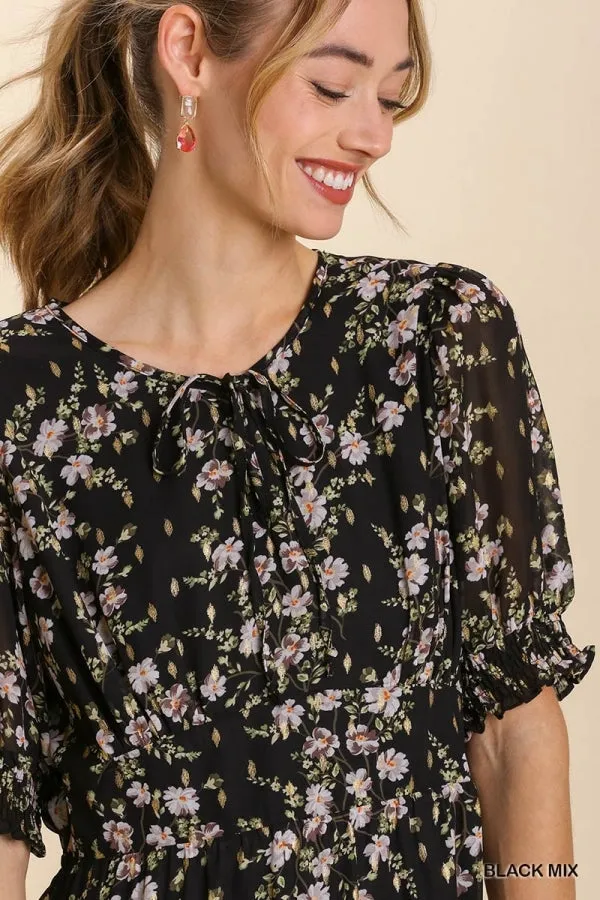 Floral Metallic Print Tie Front Maxi Tiered Hem Dress