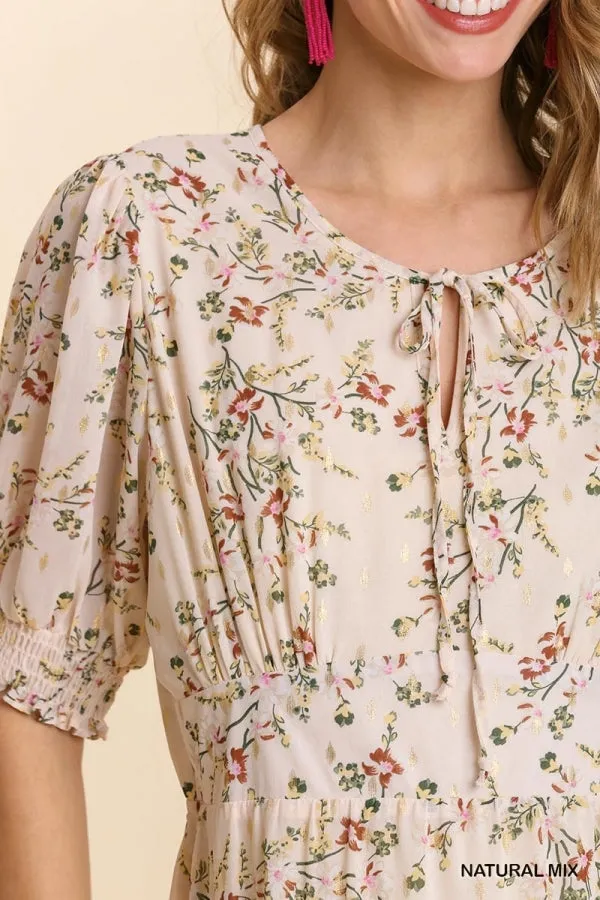 Floral Metallic Print Tie Front Maxi Tiered Hem Dress