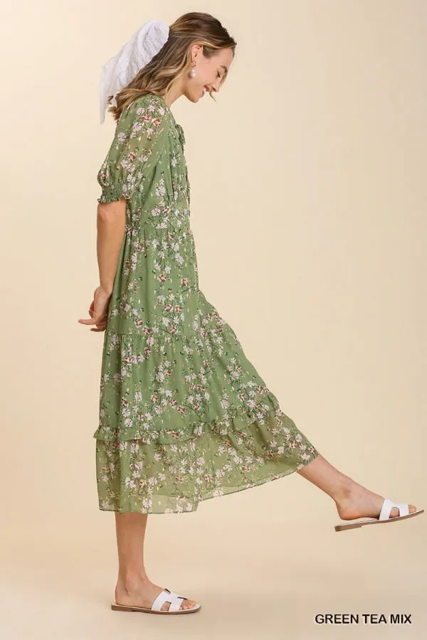Floral Metallic Print Tie Front Maxi Tiered Hem Dress
