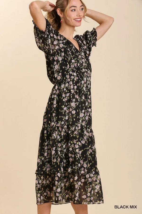 Floral Metallic Print Tie Front Maxi Tiered Hem Dress