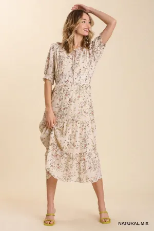 Floral Metallic Print Tie Front Maxi Tiered Hem Dress