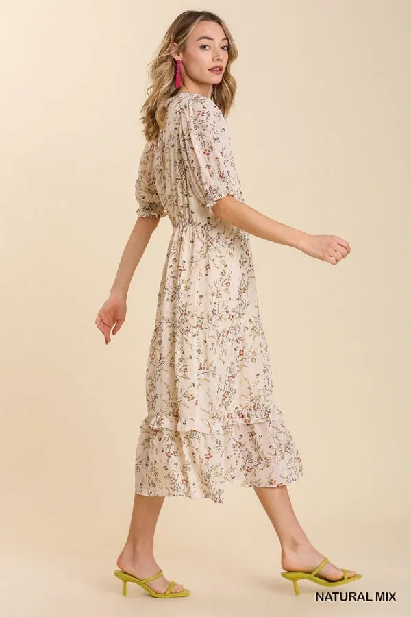 Floral Metallic Print Tie Front Maxi Tiered Hem Dress