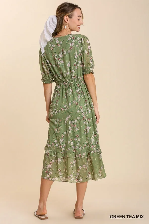 Floral Metallic Print Tie Front Maxi Tiered Hem Dress