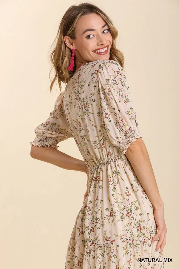 Floral Metallic Print Tie Front Maxi Tiered Hem Dress