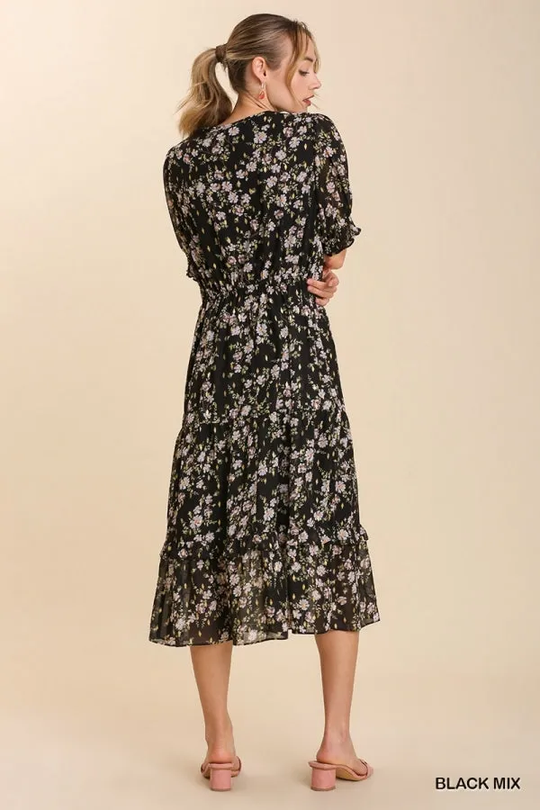 Floral Metallic Print Tie Front Maxi Tiered Hem Dress