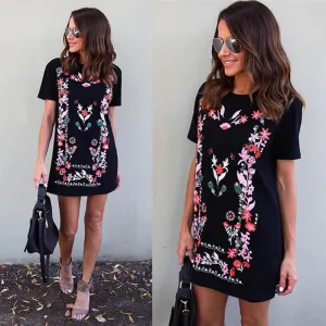 Flower Print Short Sleeves Loose Short Dress