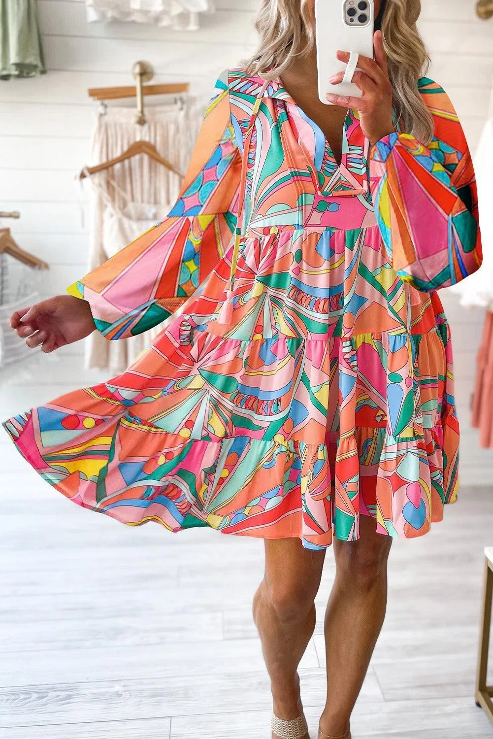 Flowy Chic Tie Neck Long Sleeve Mini Dress