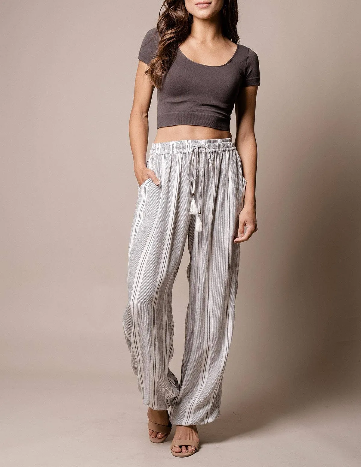 Flowy Stripe Jogger Pants - Grey