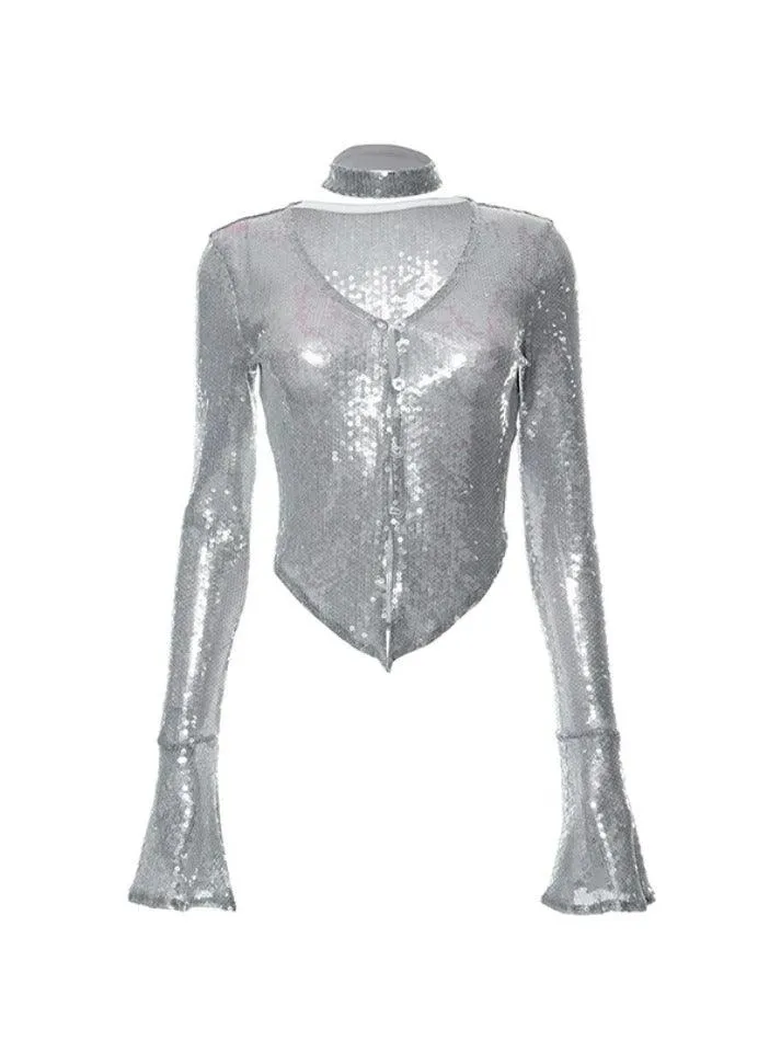 Gary Sequin V Neck Hanky Hem Long Sleeve Blouse