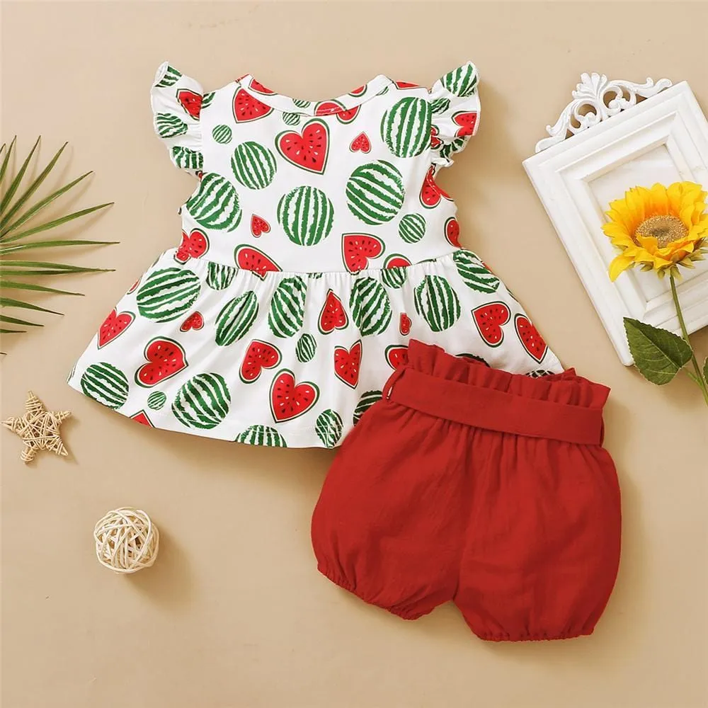 Girls Heart Shape Fruit Printed Summer Top & Solid Shorts Bulk Childrens Clothing Suppliers