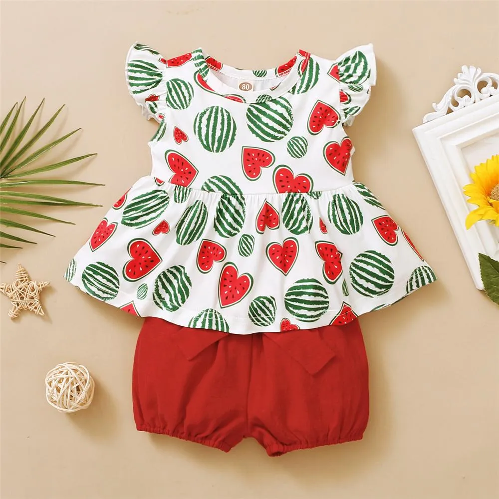 Girls Heart Shape Fruit Printed Summer Top & Solid Shorts Bulk Childrens Clothing Suppliers