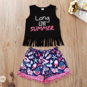Girls Long Live Summer Printed Sleeveless Tassel Top & Floral Shorts Toddler Girl Wholesale Clothing