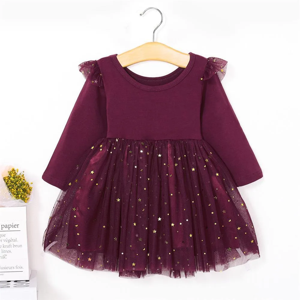 Girls Solid Long-Sleeve Mesh Dress Girls Wholesale Dresses