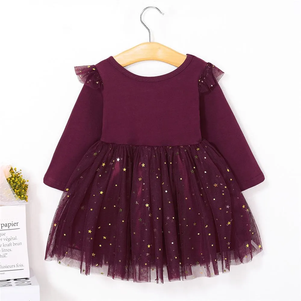 Girls Solid Long-Sleeve Mesh Dress Girls Wholesale Dresses