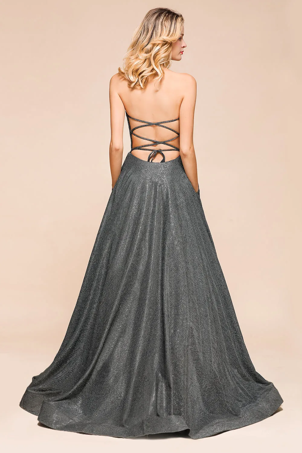 Glitter Strapless Backless Split Long Prom Dress