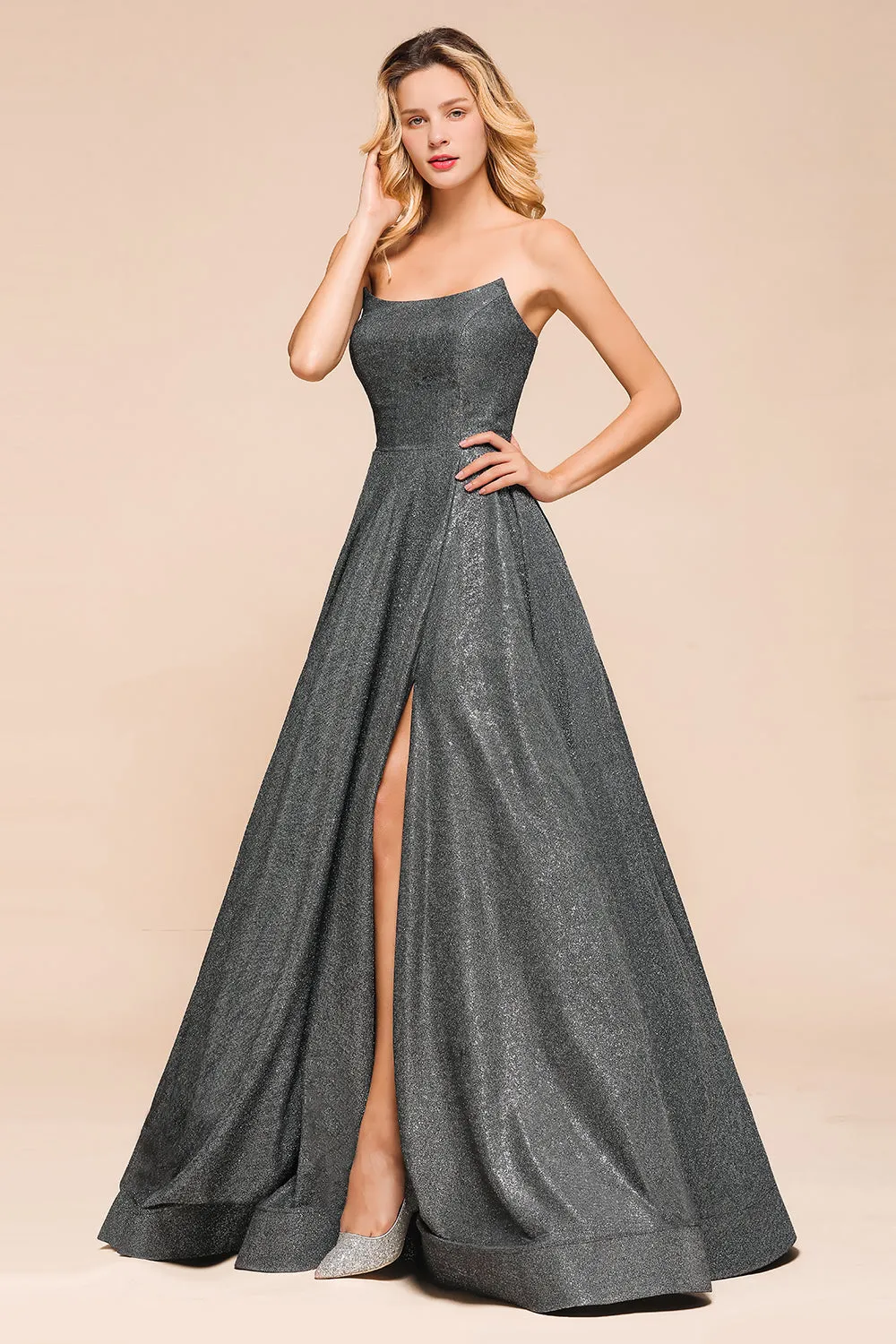 Glitter Strapless Backless Split Long Prom Dress