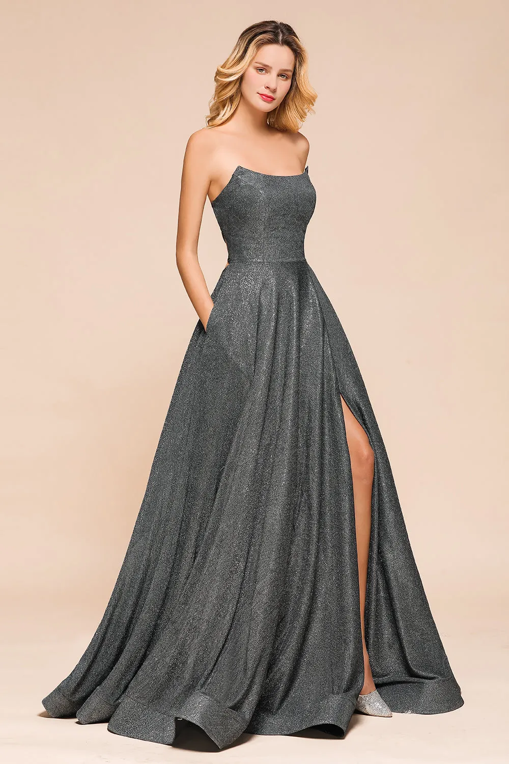 Glitter Strapless Backless Split Long Prom Dress