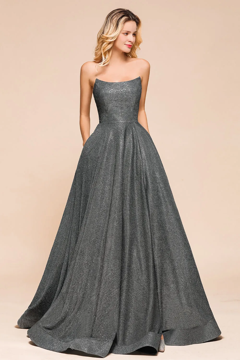 Glitter Strapless Backless Split Long Prom Dress