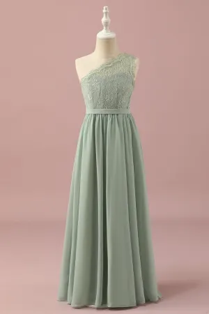 Green One Shoulder Lace and Chiffon Junior Bridesmaid Dress