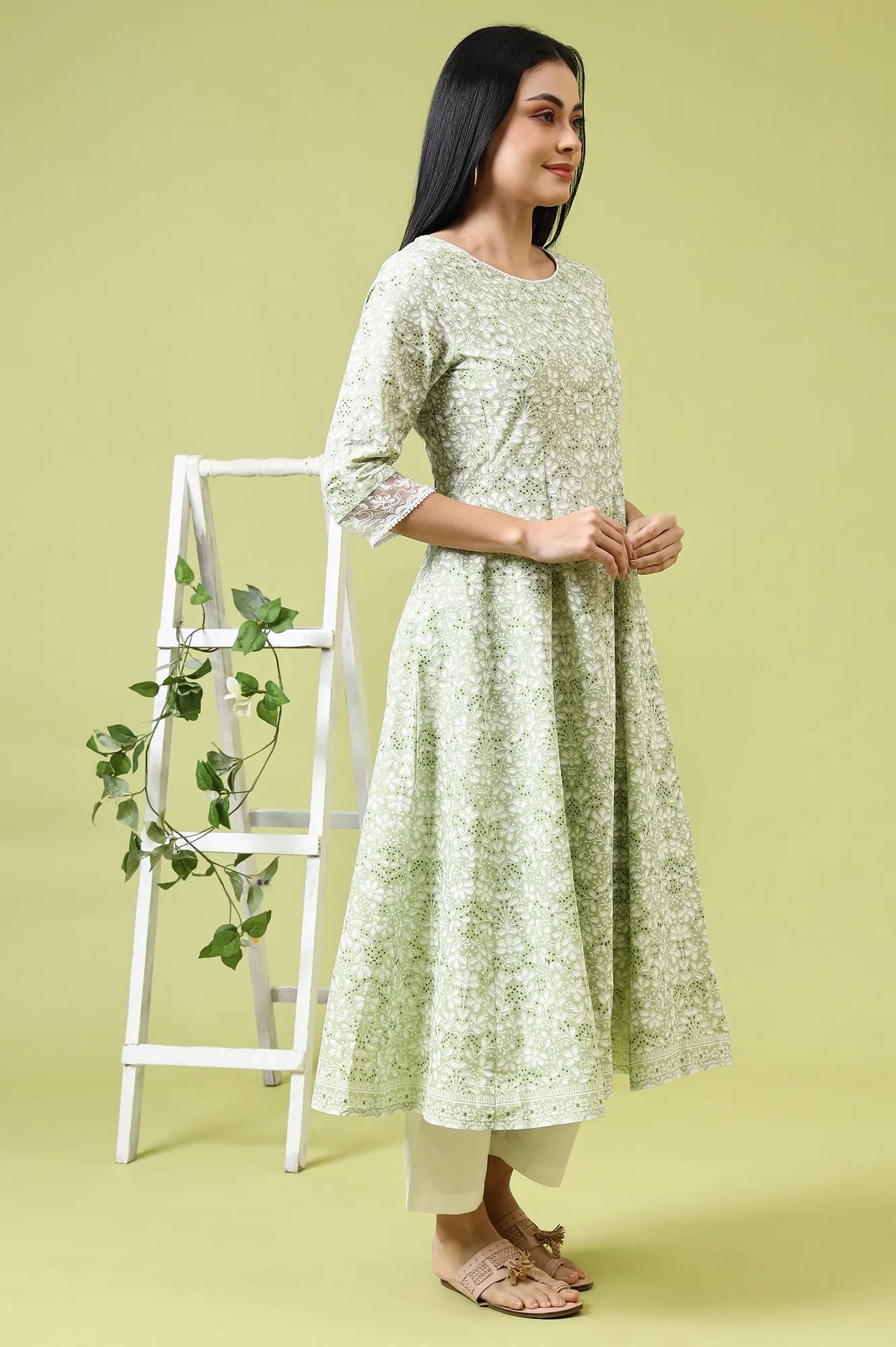 Green Paisley Printed Pure Cotton Anarkali Kurta and Pants Set