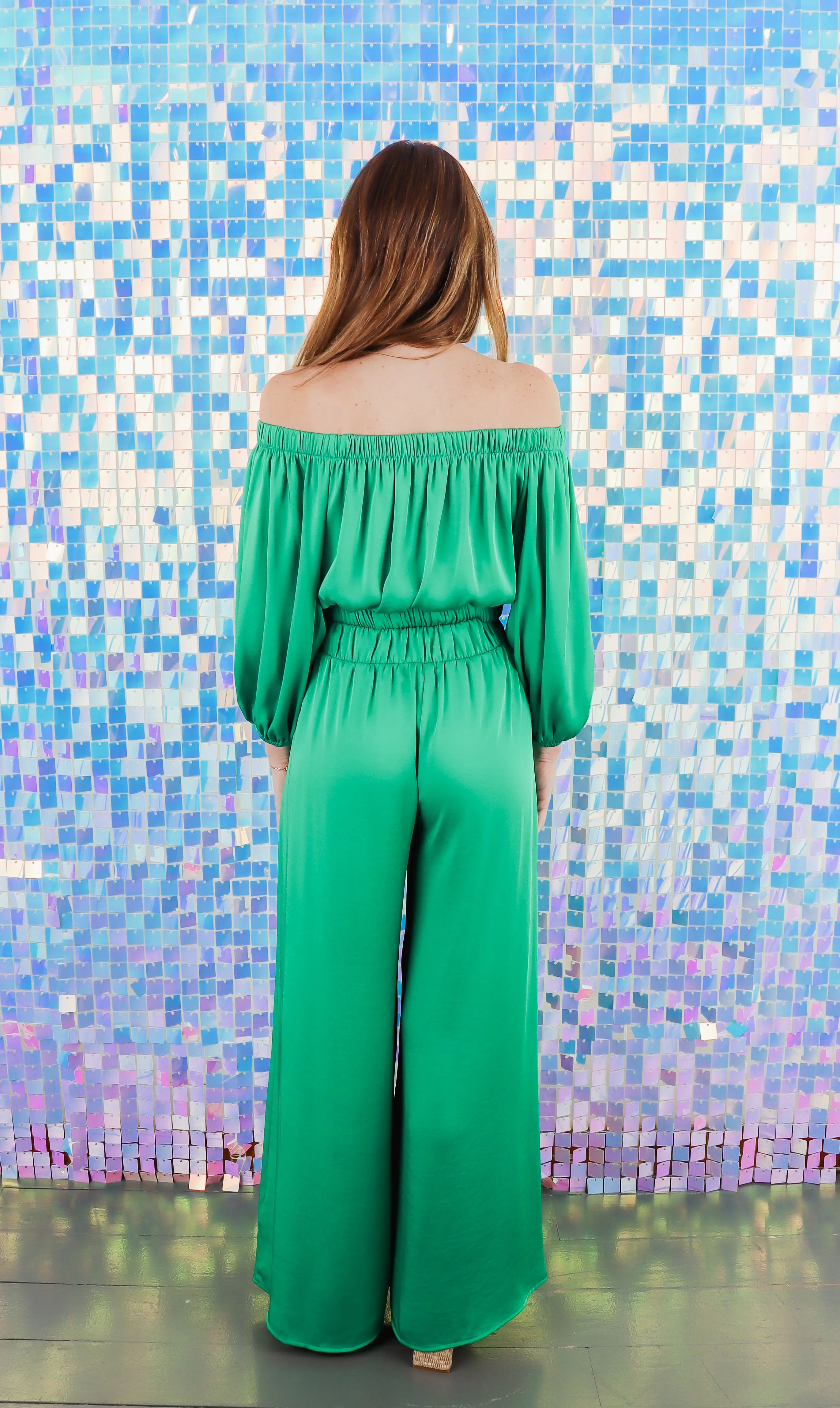 Green Satin Off Shoulder Top And Wide Legged Tie Waist Pants (Sold Separately)