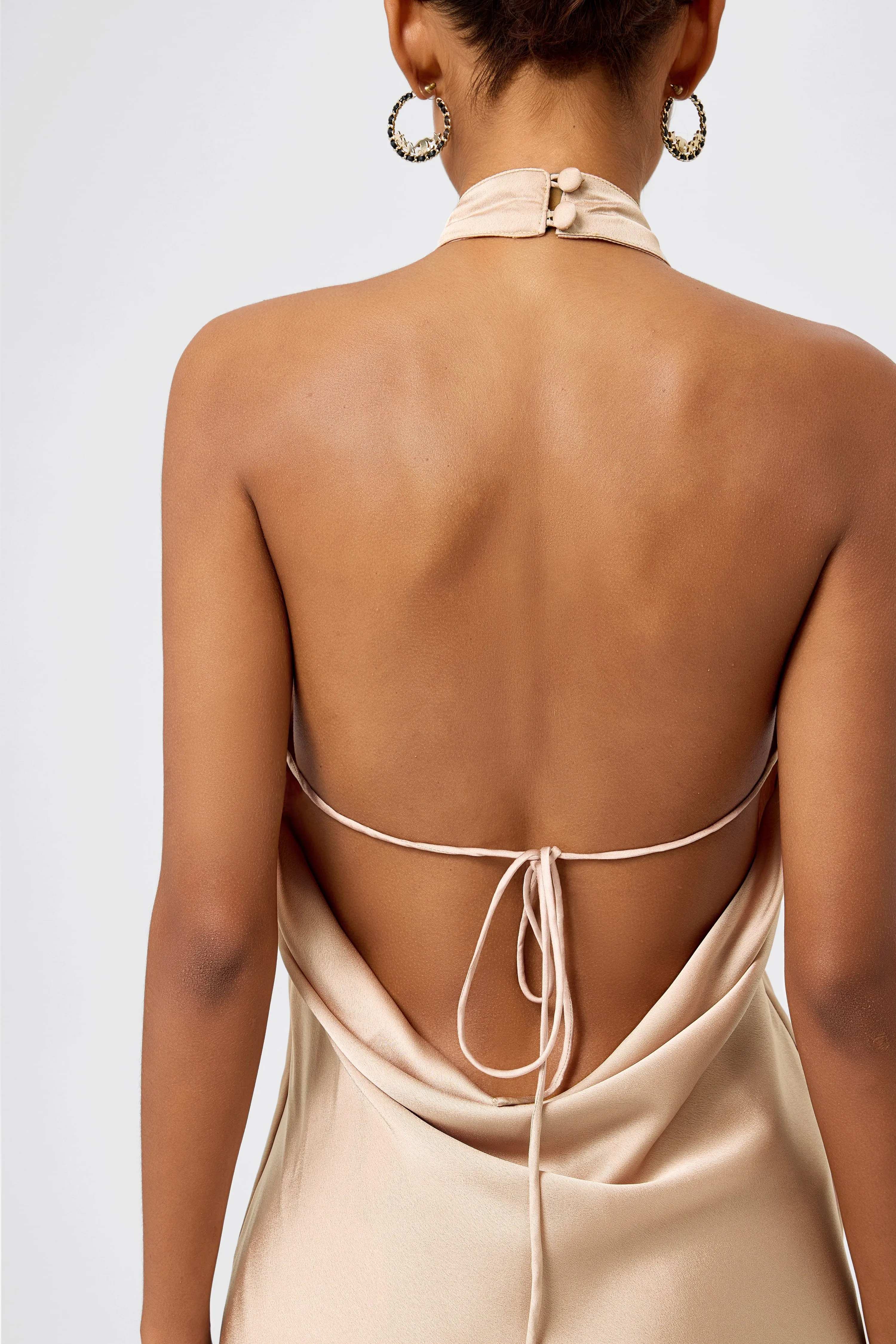 Halter Neck Open Back Satin Mini Dress Champagne
