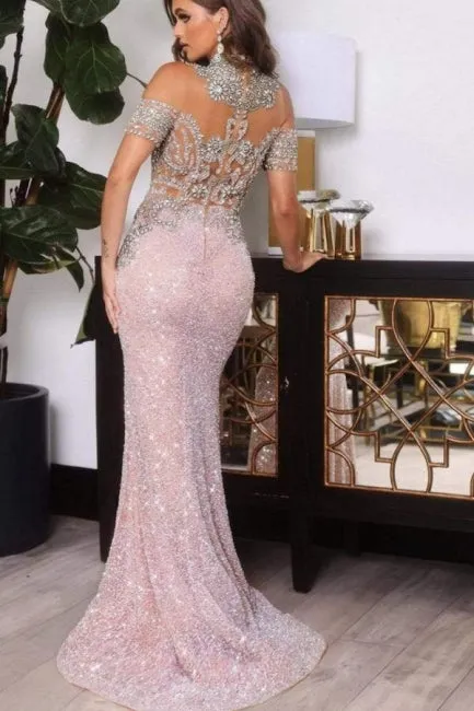 High Neck Pink Half Sleeves Mermaid Prom Dress with Appliques