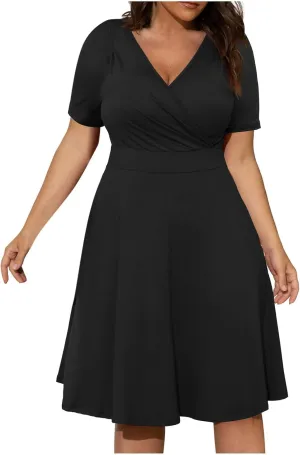hlysgo Plus Size Dresses for Women Casual Slim Fit Wrap V Neck Short Sleeve Mini Dress Ladies A-Line Flowy Knee Length Dress