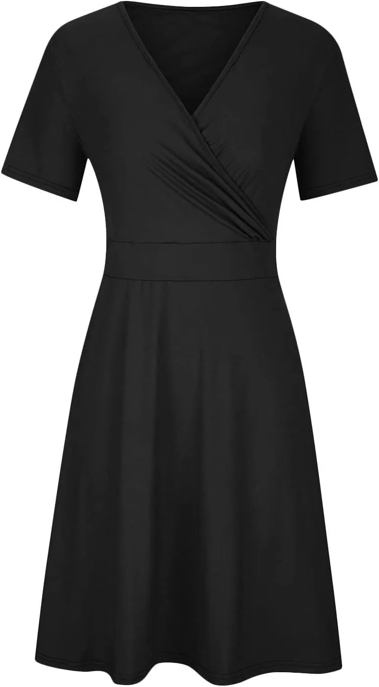 hlysgo Plus Size Dresses for Women Casual Slim Fit Wrap V Neck Short Sleeve Mini Dress Ladies A-Line Flowy Knee Length Dress