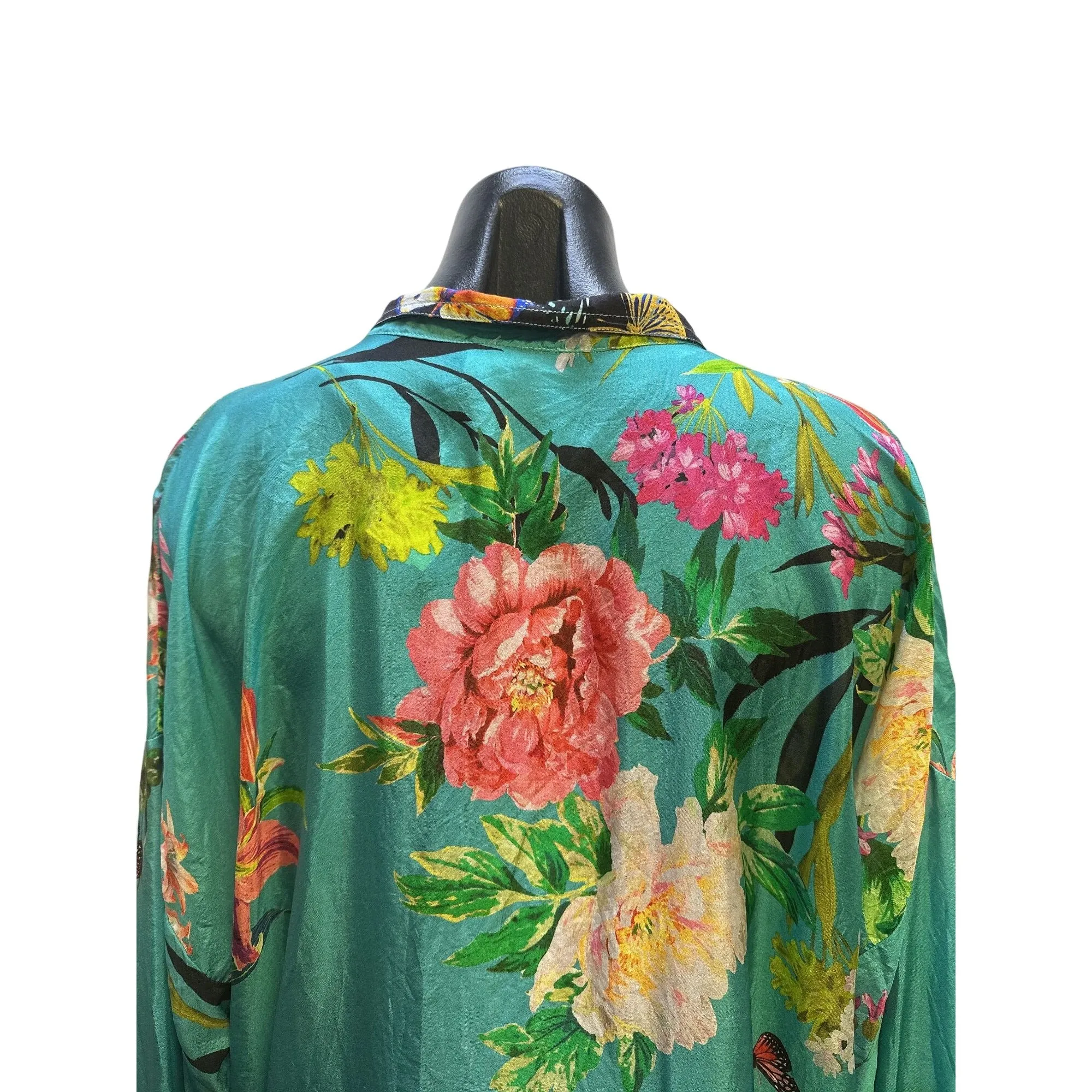 Johnny Was Silk Teal Floral Butterfly Print Button-Up Tunic Top w/Long Sleeves Size L