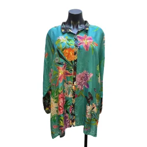 Johnny Was Silk Teal Floral Butterfly Print Button-Up Tunic Top w/Long Sleeves Size L